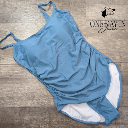 Eomenie Tummy Control One Piece Swimsuit Blue Ruched Square Neck NWT Size M