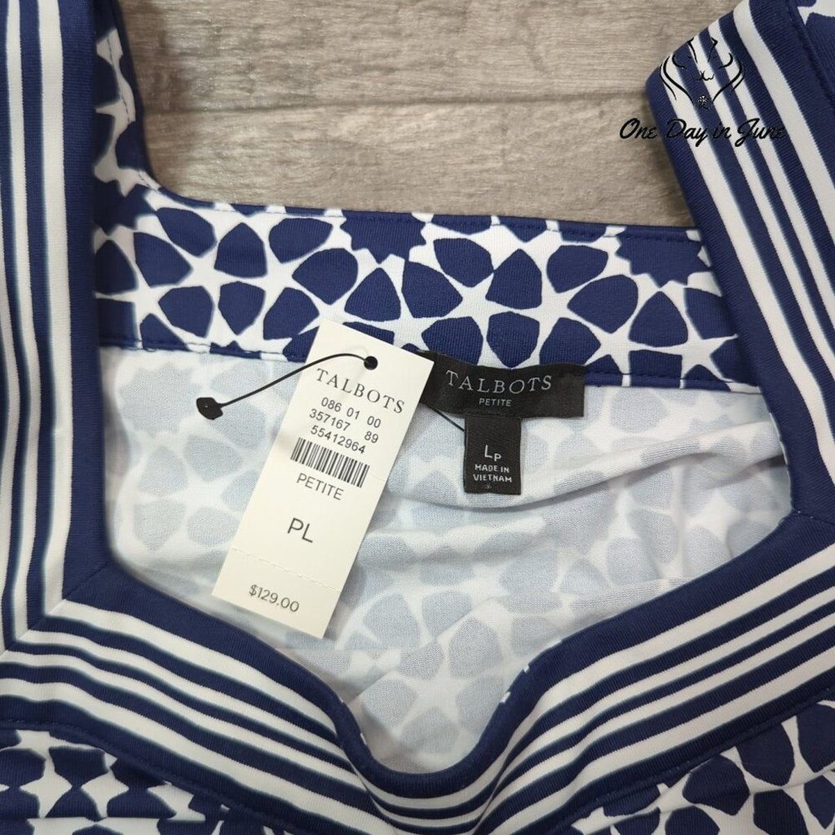 Talbots Petite Sleeveless Geometric Print Square Neck Dress Navy NWT Size PL