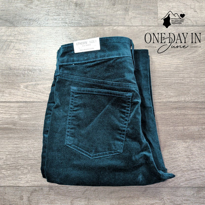 Chico's Pull On Kick Flare Pants Teal Velvet Velour NWT Size Chico's 1 (8)