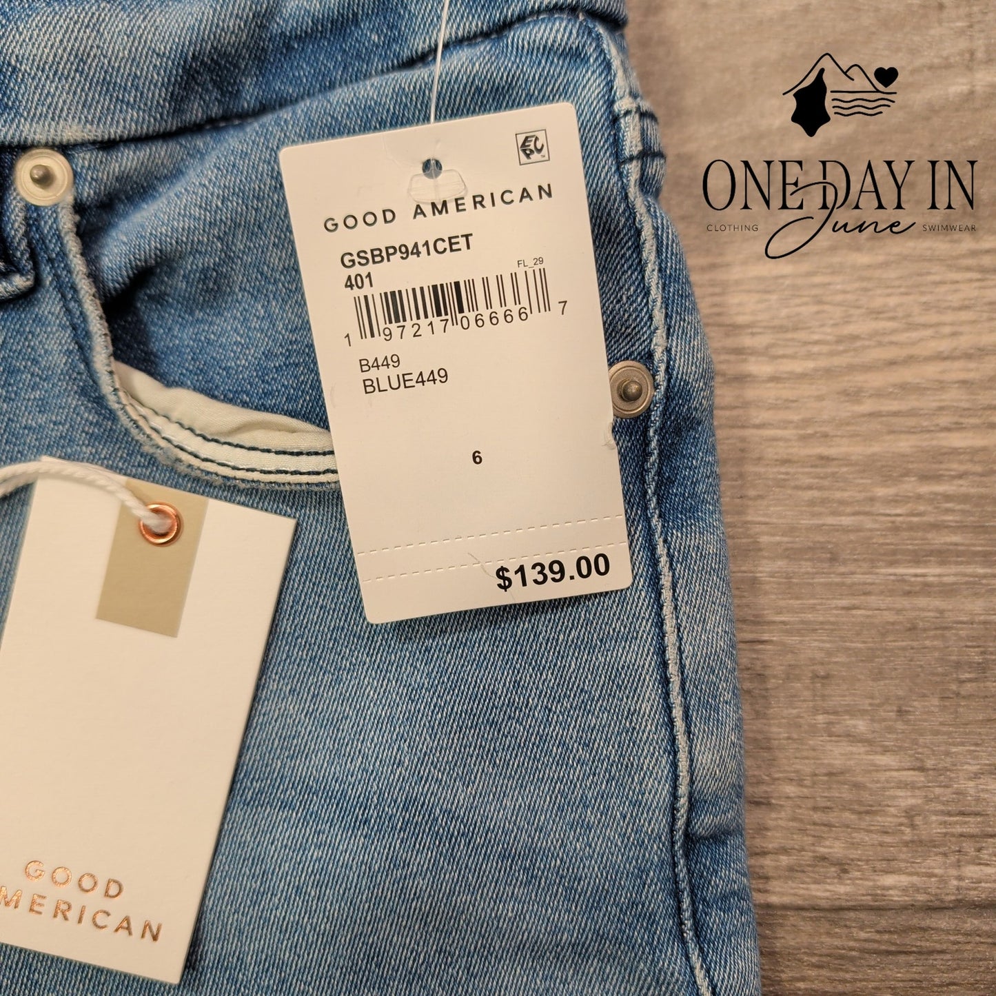 Good American Good Legs Straight Jeans Blue449 Raw Hem NWT $139 Size 6 (28)