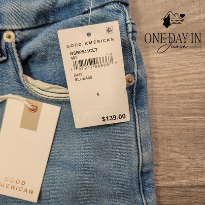 Good American Good Legs Straight Jeans Blue449 Raw Hem NWT $139 Size 6 (28)