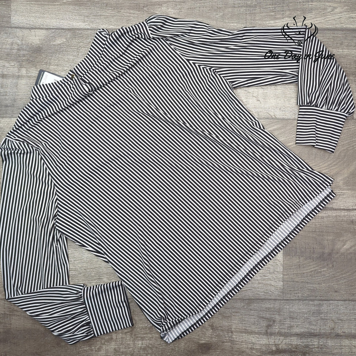 Adrianna Papell Striped Long Sleeve Ruffle Neck Top Black NWT Size XL