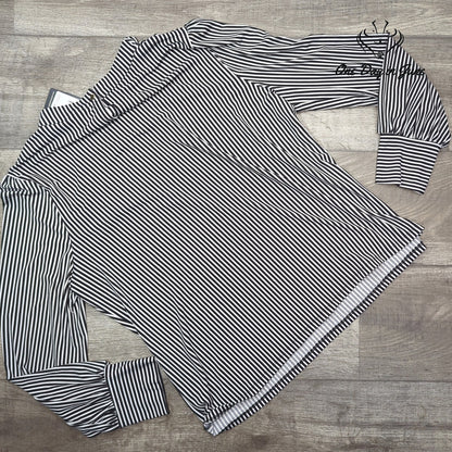 Adrianna Papell Striped Long Sleeve Ruffle Neck Top Black NWT Size XL