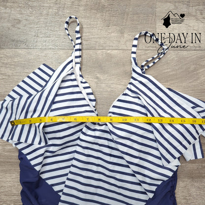 Adisputent Tummy Control Flounce One Piece Swimsuit Navy Stripe Size XXL