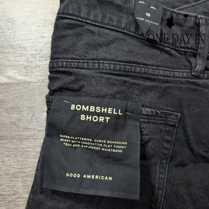 Good American Bombshell High Rise Distressed Denim Shorts Black NWT Size 16