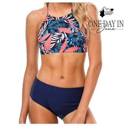 Charmo High Neck Tropical Leaf Bikini Swimsuit Navy NWT UPF 50+ Size M