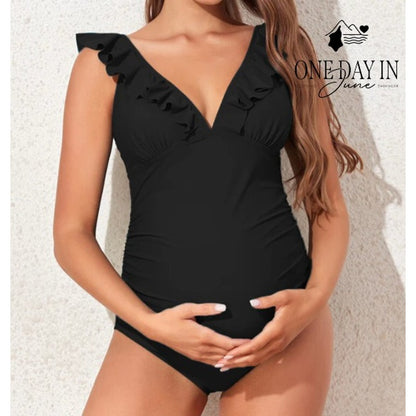 Summermae Maternity Ruffle Ribbed One Piece Swimsuit Black NWT Size L