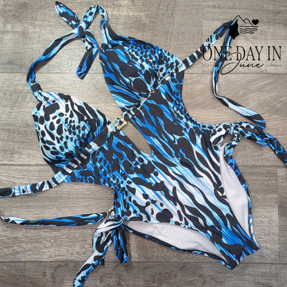 Wearified Deep V Halter Cutout Tie One Piece Swimsuit Size M