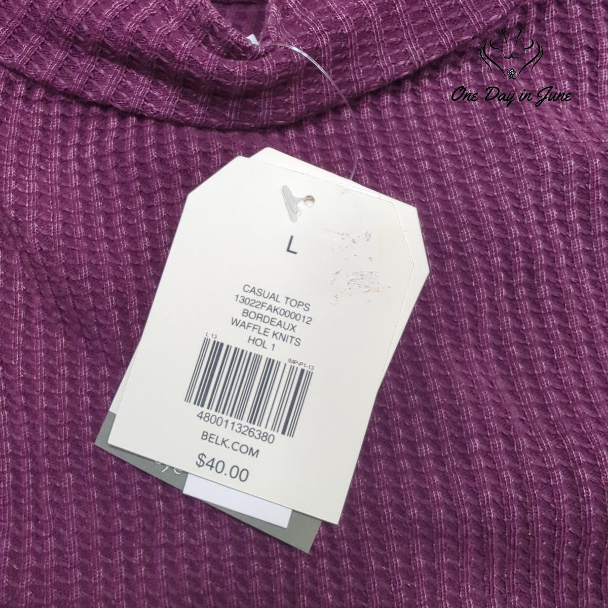Wonderly Waffle Knit Long Sleeve Mock Neck Top Bordeaux Purple NWT Size L