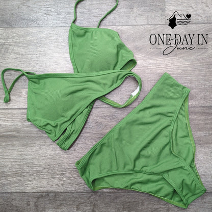 CharmLeaks Girls Cross Front Ribbed Bikini Swimsuit Green Size 15-16