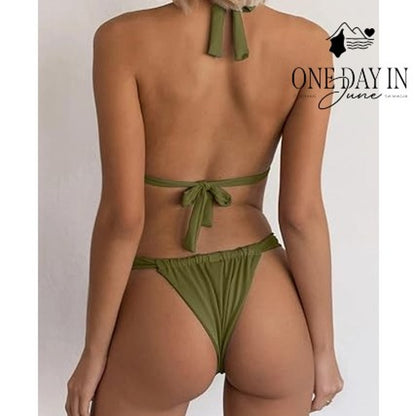 CharmLeaks Adjustable Triangle Tie Back Bikini Swimsuit Olive Green NWT Size L