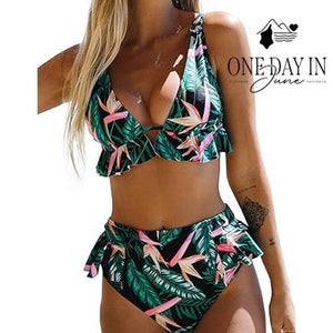 Sporlike Tropical Ruffle Triangle High Waist Bikini Swimsuit NWT Size L