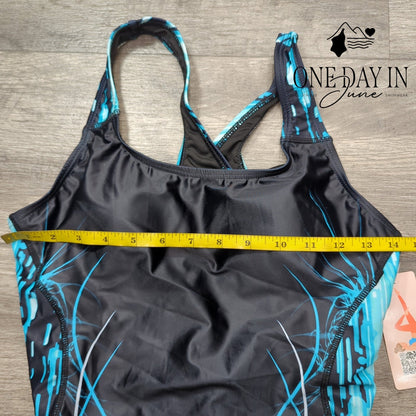 Charmo Sport One Piece Swimsuit Black Turquoise Racerback NWT Size M