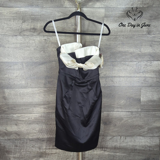 David's Bridal Black Ivory Satin Bow Strapless Cocktail Dress NWT Size 4