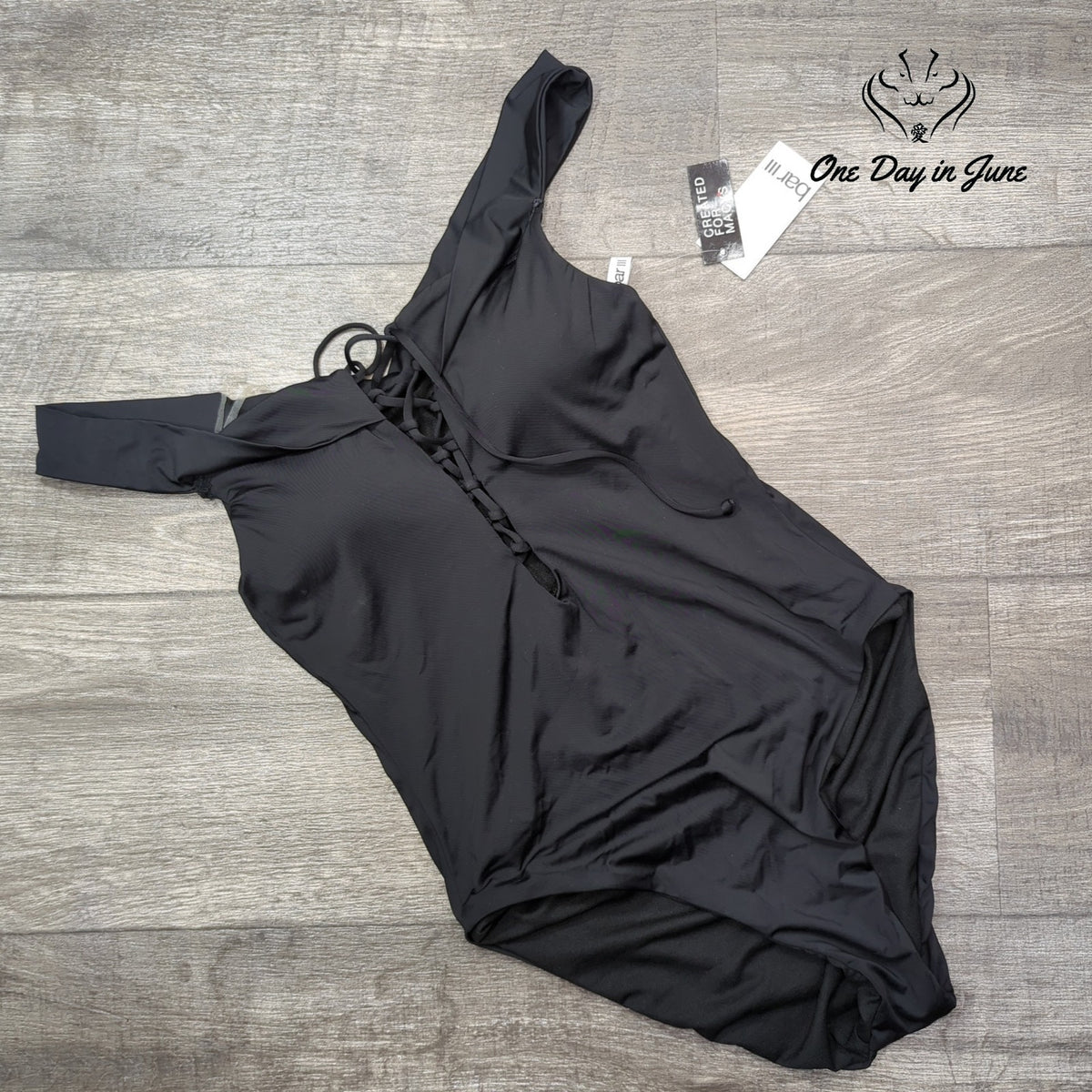 Bar III Core Solids Off Shoulder Lace Up One Piece Swimsuit Black NWT Size M