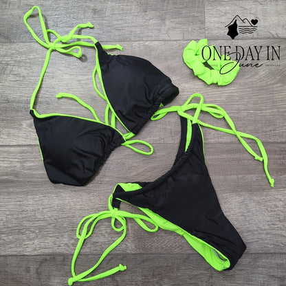 CharmLeaks Womens Triangle Tie Side Bikini Swimsuit Black Neon Green Size L