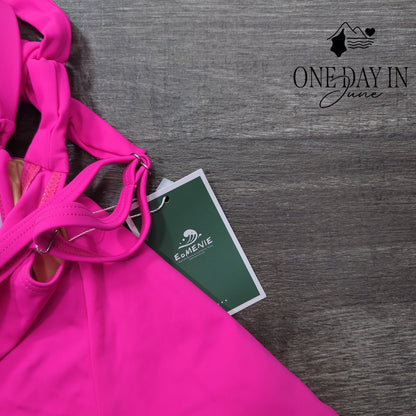 Eomenie Tie Back Molded Cup One Piece Swimsuit Hot Pink Ruched NWT Size L