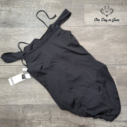 Bar III Core Solids Off Shoulder Lace Up One Piece Swimsuit Black NWT Size M