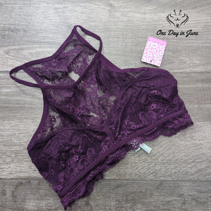 Anemone Lace Halter Bralette Deep Purple Scalloped Wireless NWT Size S/M