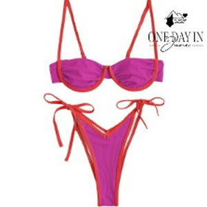 Zaful Ribbed Underwire High Cut Tie Side Bikini Pink Orange NWT Size S