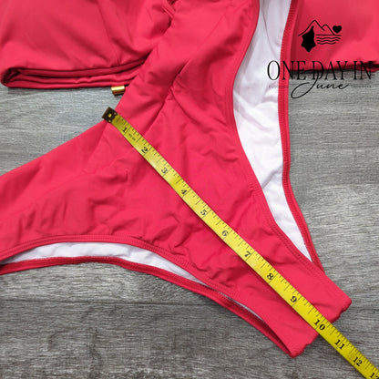CharmLeaks Keyhole Lace Up Bikini Swimsuit Coral Red Gold Accent Size XL
