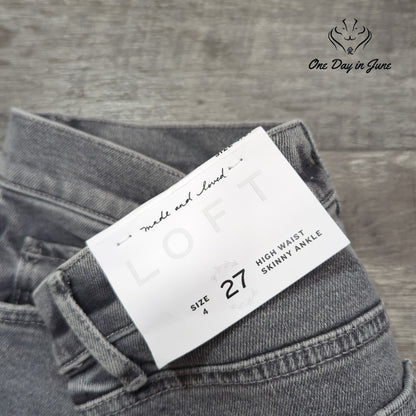 Loft High Waist Skinny Ankle Jeans Gray Distressed Raw Hem NWT Size 4