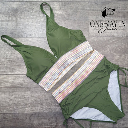 Tempt Me Olive Green Smocked High Waisted Bikini Swimsuit Side Tie NWT Size L