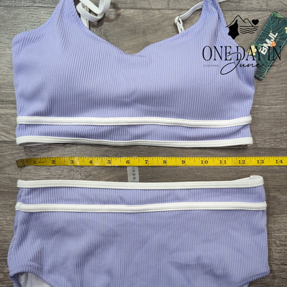 Blooming Jelly Ribbed High Waisted Bikini Swimsuit Lavender Trim NWT Size M