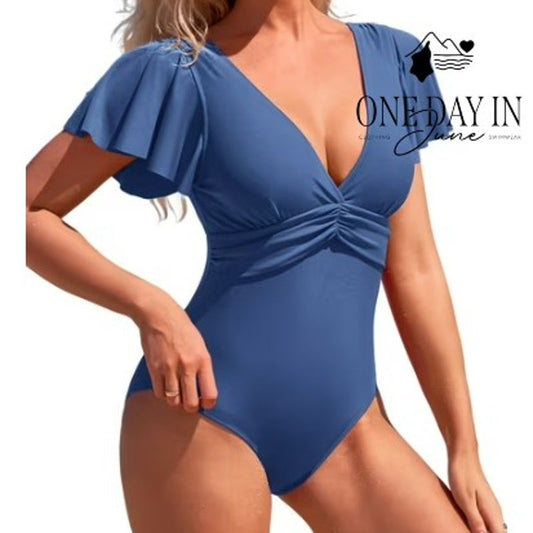 Charmo Ruffle Shoulder Tie Back One Piece Swimsuit Blue NWT Size M