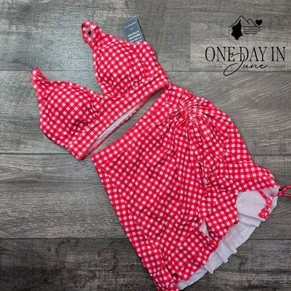 Blooming Jelly Red Gingham Skirted Bikini Swimsuit Size XS