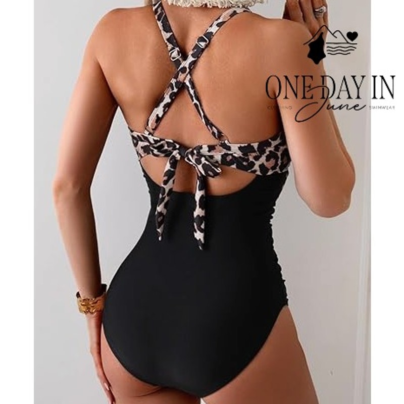 Eomenie Leopard Print Cross Front Cut Out Tie Back One Piece Swimsuit NWT Size L