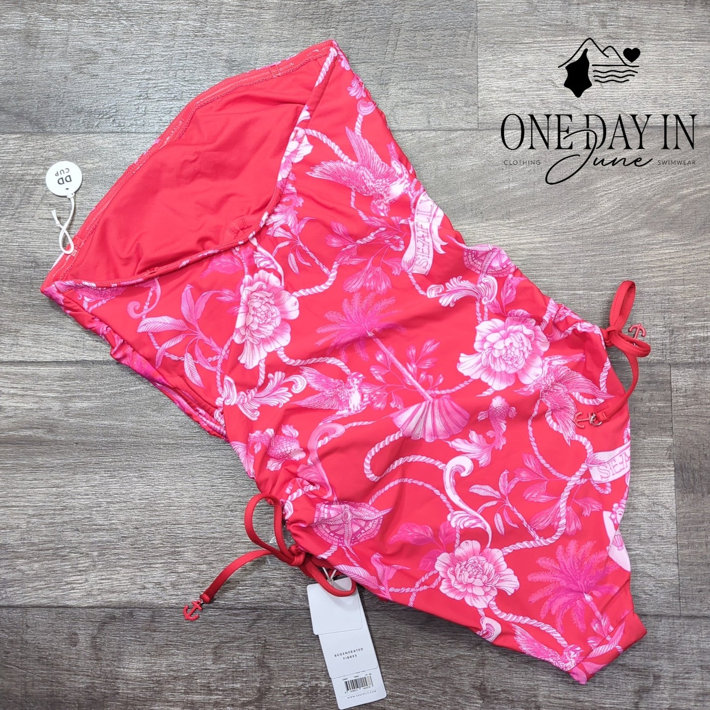 SeaFolly Ahoy DD Drawstring Bandeau One Piece Swimsuit Red NWT Size 6