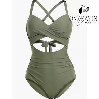 Eomenie Cross Front Cut Out One Piece Swimsuit Sage Green NWT Size L