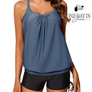 Yonique Blouson Tankini Swimsuit Blue Strappy Back Boy Shorts NWT Size L