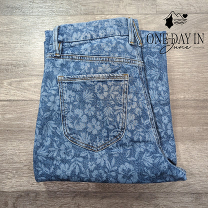 Good American Good Waist Palazzo Crop Jeans Floral Hibiscus Bloom NWT Size 8