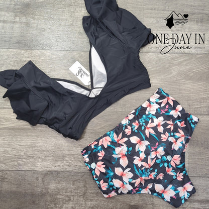 Sporlike Ruffle Shoulder High Waist Floral Bikini Swimsuit Black NWT Size L