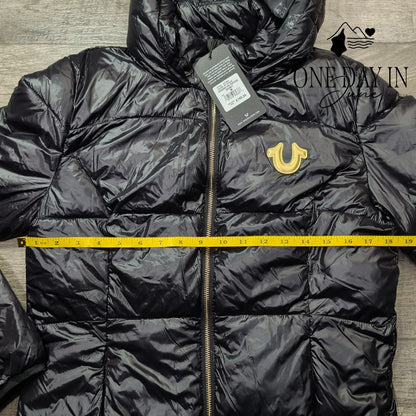 True Religion Hooded Puffer Jacket Jet Black Gold Horseshoe NWT Size M