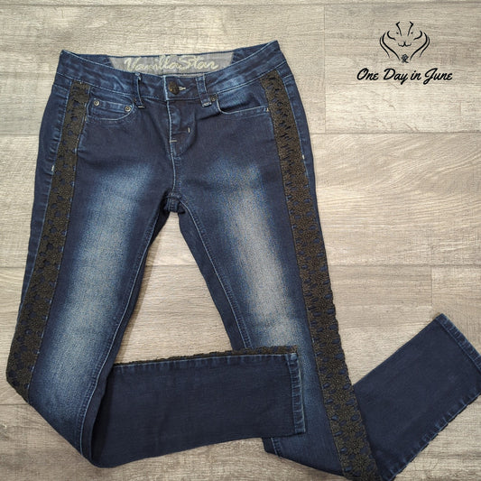 Vanilla Star Juniors Skinny Jeans Dark Blue Lace Side Stripe Denim Size 3