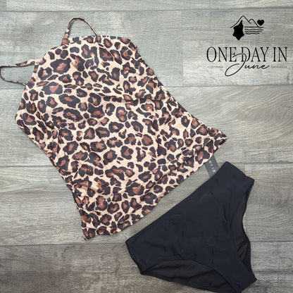Tempt Me High Neck Leopard Tankini Swimsuit Size M