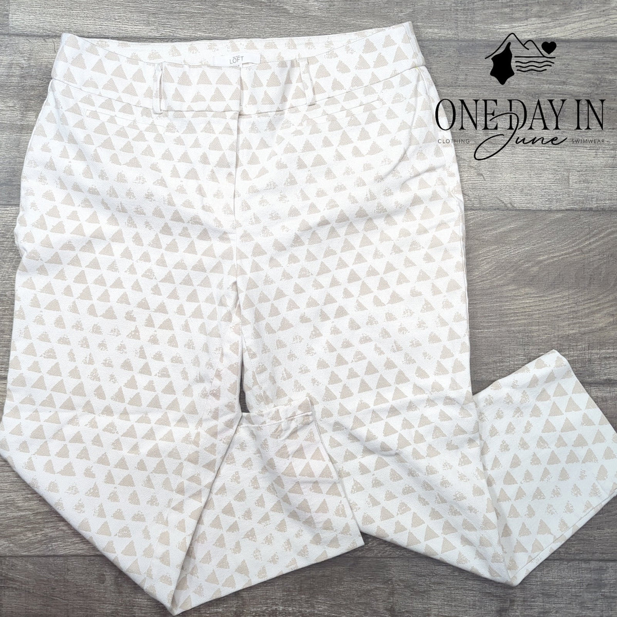 Loft Julie Cropped Pants White Beige Geometric Print Straight Leg Size 12