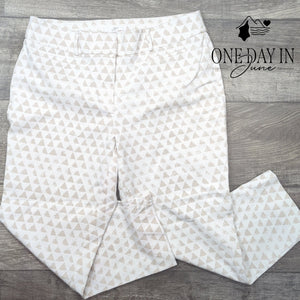 Loft Julie Cropped Pants White Beige Geometric Print Straight Leg Size 12