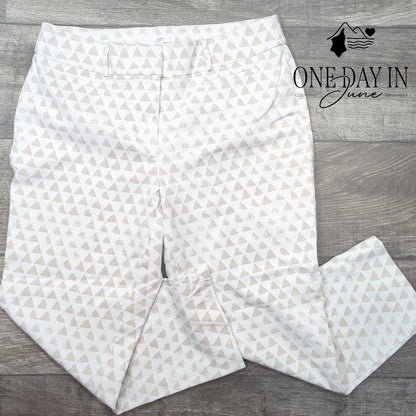 Loft Julie Cropped Pants White Beige Geometric Print Straight Leg Size 12