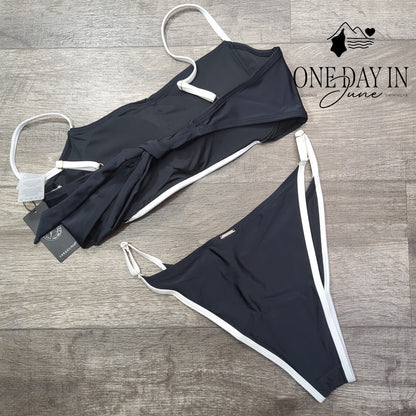 Relleciga Black White Trim Tie Back Bikini Swimsuit NWT Size L