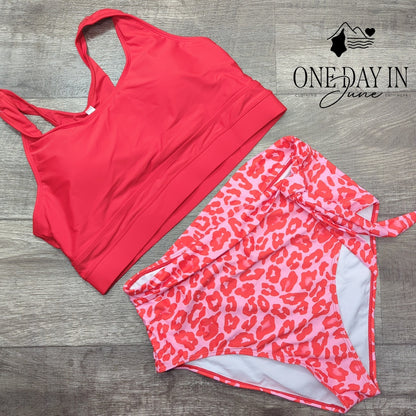 Dokotoo Red Crop Top High Waist Pink Leopard Bikini Swimsuit NWT Size XL