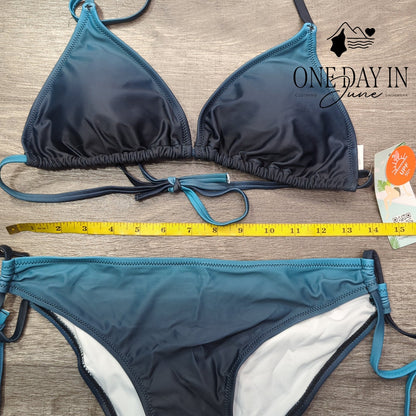 Charmo Ombre Triangle Halter Tie Side Bikini Swimsuit Teal Navy NWT Size M