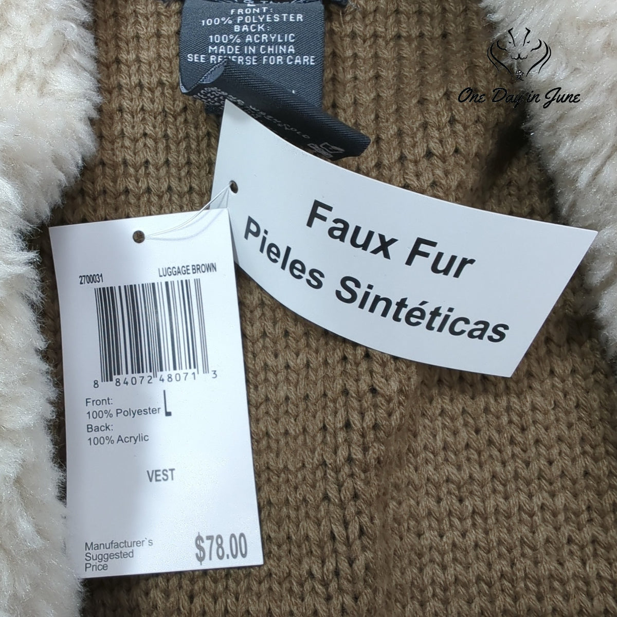 Chelsea & Theodore Faux Suede Faux Fur Sherpa Draped Vest Brown Cream NWT Size L