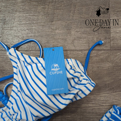 Cupshe Blue White Striped Braided Back Reversible Bikini Swimsuit NWT Size S