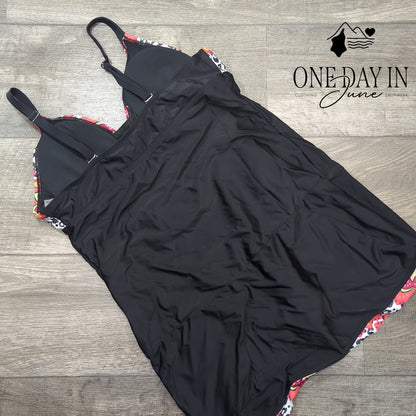 Aleumdr Black Floral Print One Piece Swimdress Swimsuit Ruched NWT Size XL