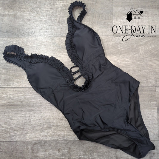 Adisputent Open Back Deep V Ruched One Piece Swimsuit Size S