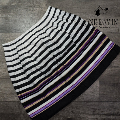 White House Black Market Striped Pleated A-Line Skirt Black White Purple Size 8